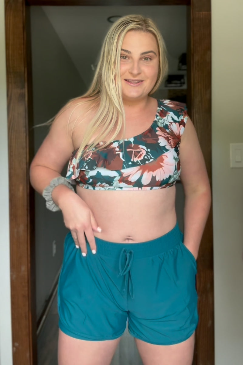 Floral Ruffled One-Shoulder Chic Bikini Top with Boy Short Set