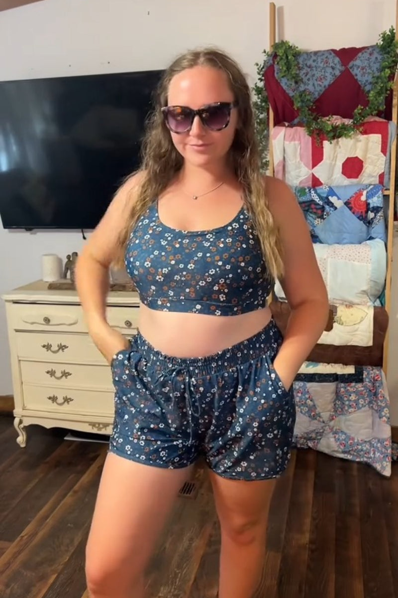 Floral Scoop Neck Stylish Bikini Top with Boy Short Set