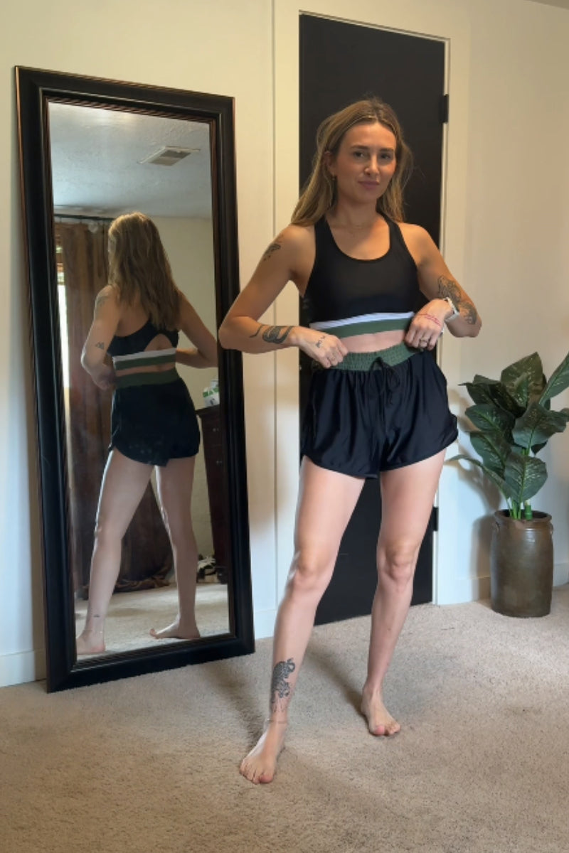 Black Colorblock Racerback Sporty Bikini Top with Boy Short Set