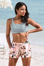 Striped Scoop Neck Charming Bikini Top with Boy Short Set