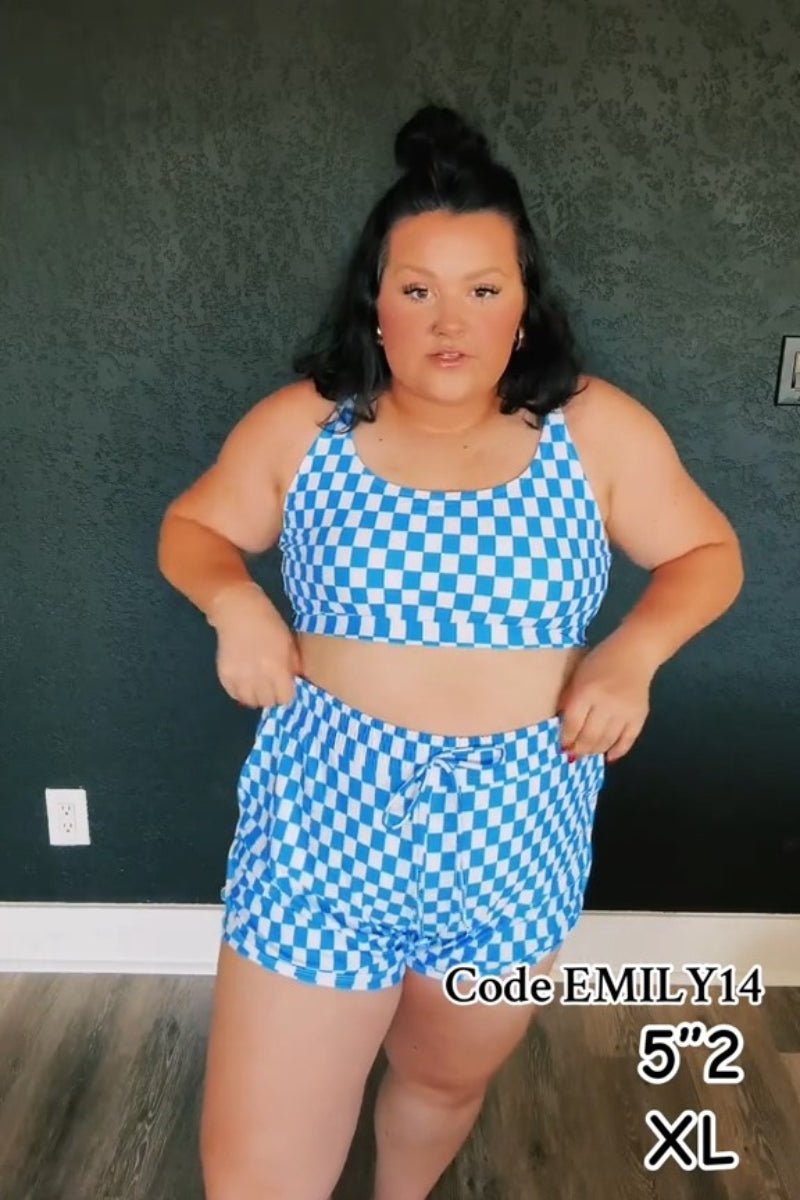 Blue Checked Adjustable Straps Chic Bikini Top with Boy Short Set