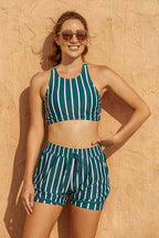 Green Striped Round Neck Sporty Bikini Top with Boy Short Set