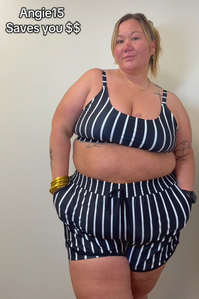 Black Striped Adjustable Straps Timeless Bikini Top with Boy Short Set
