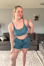 Green Striped Adjustable Straps Chic Bikini Top with Boy Short Set