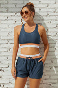 Blue Colorblock Zipper Back Stylish Bikini Top with Boy Short Set