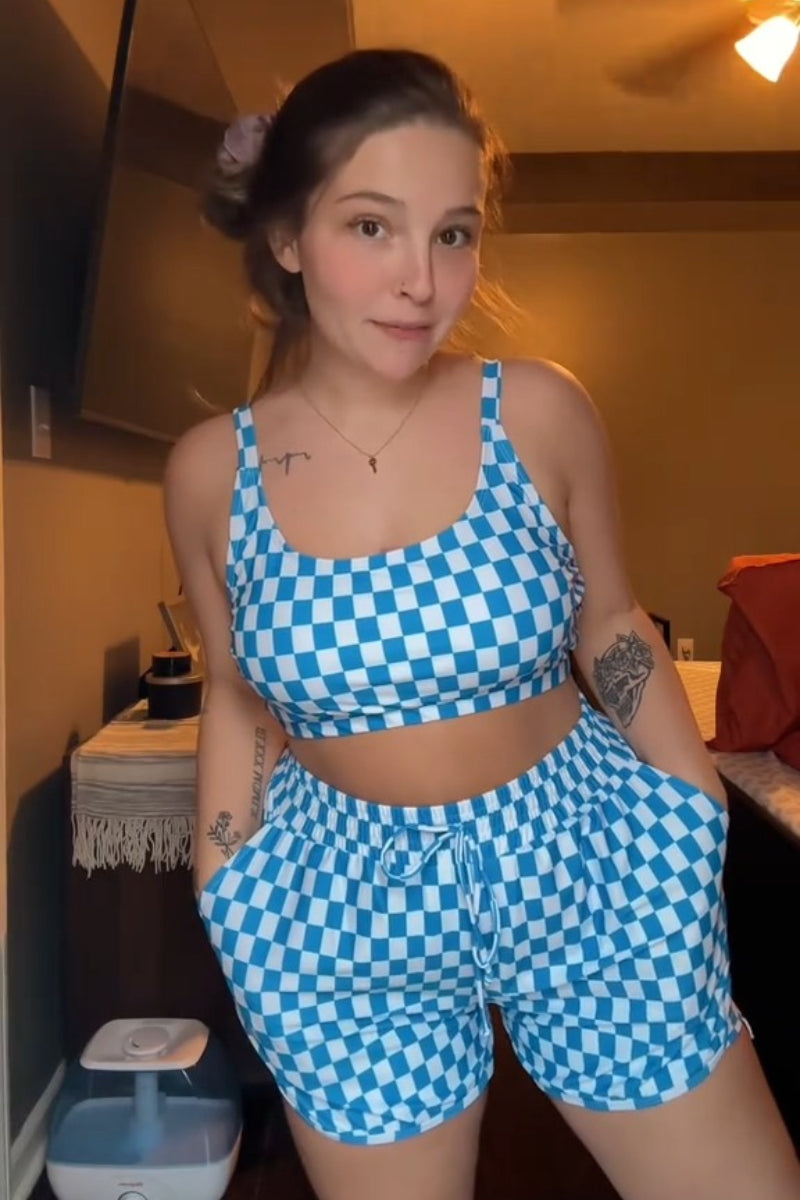 Blue Checked Adjustable Straps Chic Bikini Top with Boy Short Set