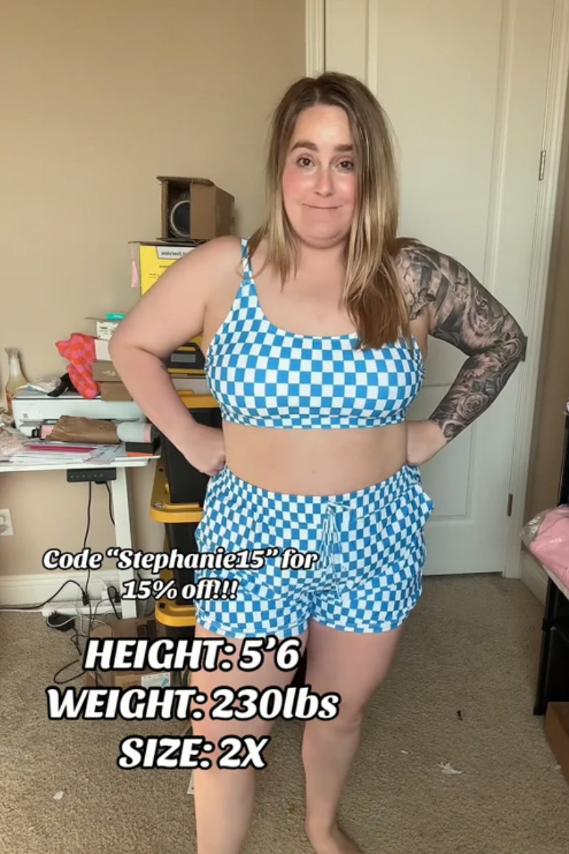 Blue Checked Adjustable Straps Chic Bikini Top with Boy Short Set