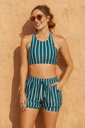 Green Striped Round Neck Sporty Bikini Top with Boy Short Set