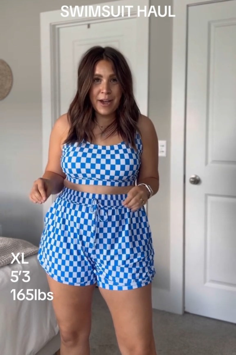 Blue Checked Adjustable Straps Chic Bikini Top with Boy Short Set