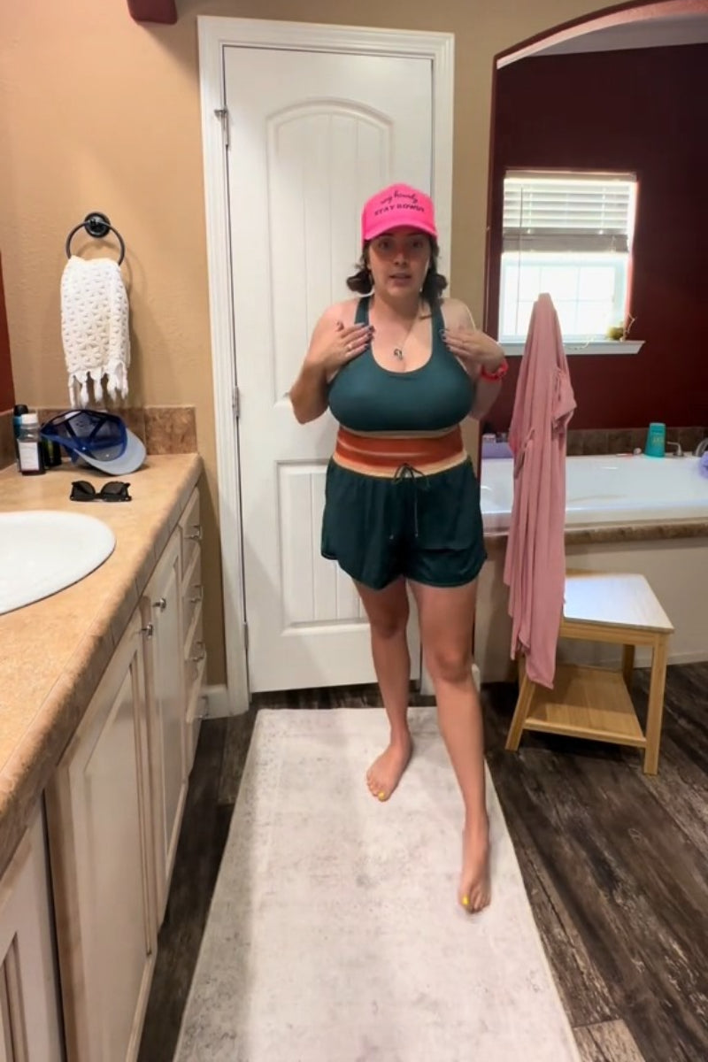 Teal Colorblock Zipper Back Sporty Bikini Top with Boy Short Set