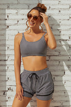 Blue Checked Adjustable Straps Chic Bikini Top with Boy Short Set
