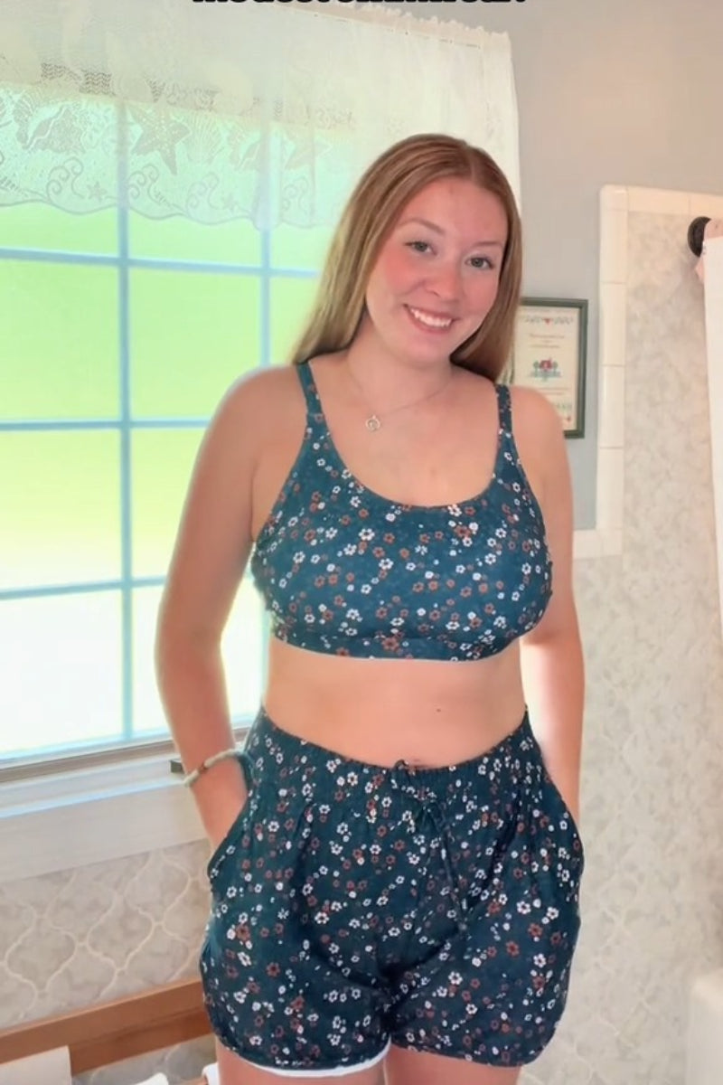 Floral Scoop Neck Stylish Bikini Top with Boy Short Set