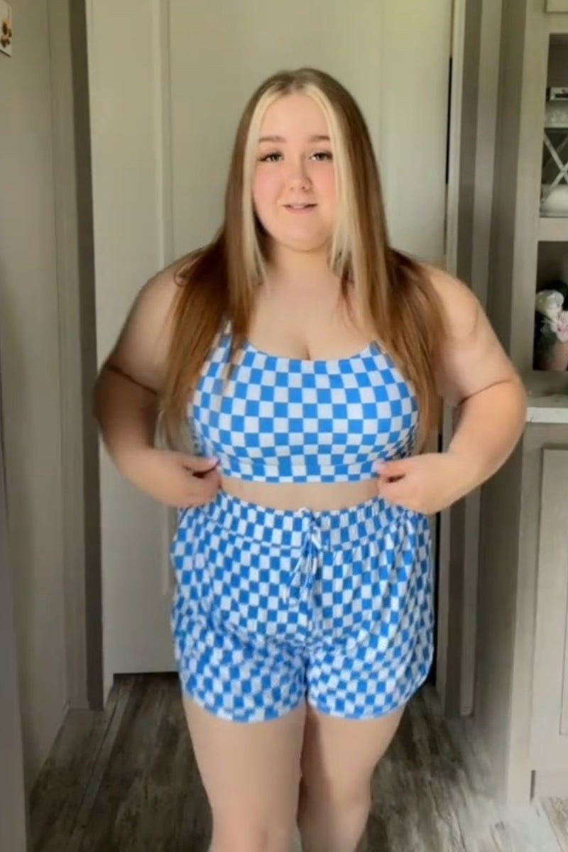 Blue Checked Adjustable Straps Chic Bikini Top with Boy Short Set