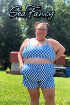 Blue Checked Adjustable Straps Chic Bikini Top with Boy Short Set