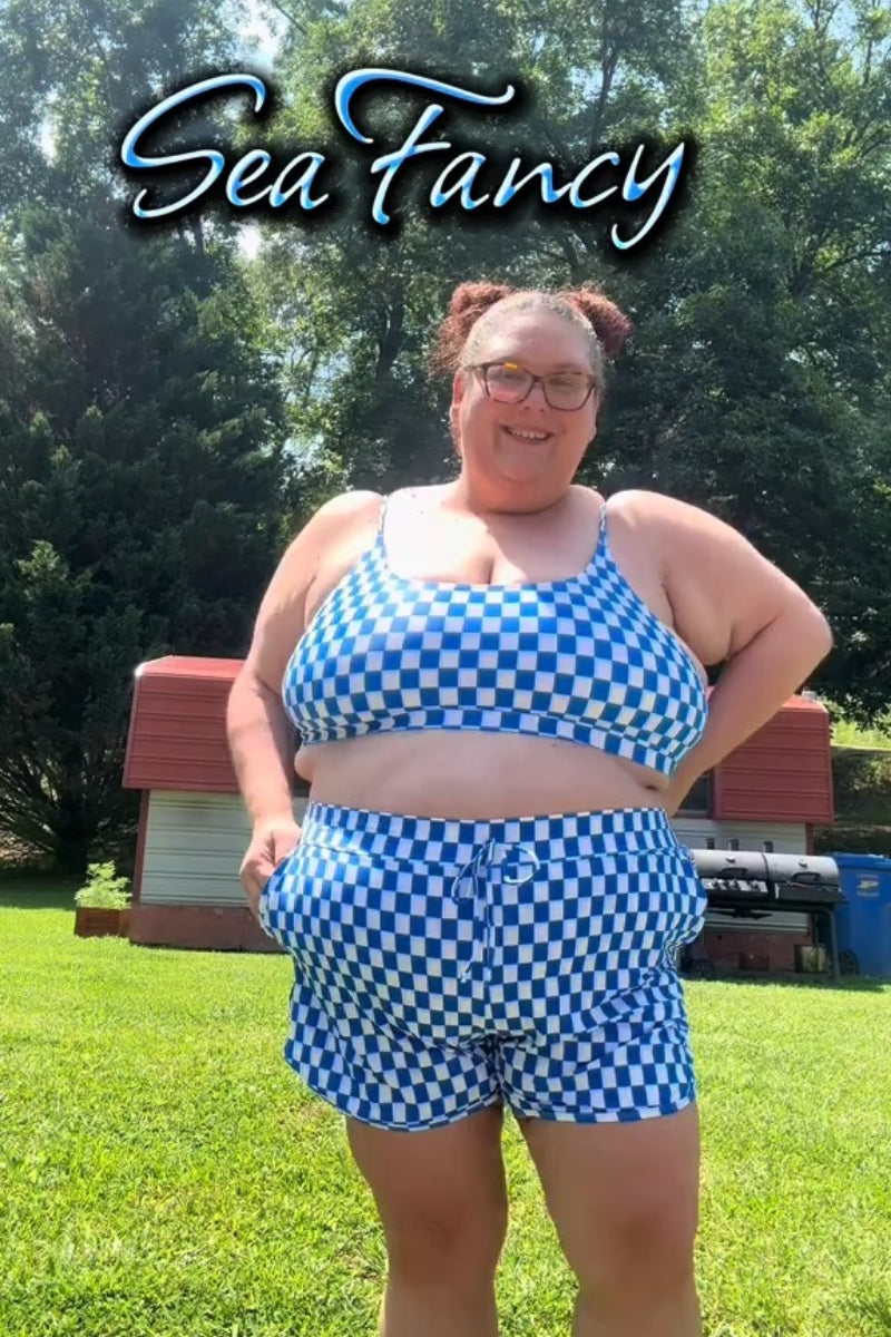 Blue Checked Adjustable Straps Chic Bikini Top with Boy Short Set