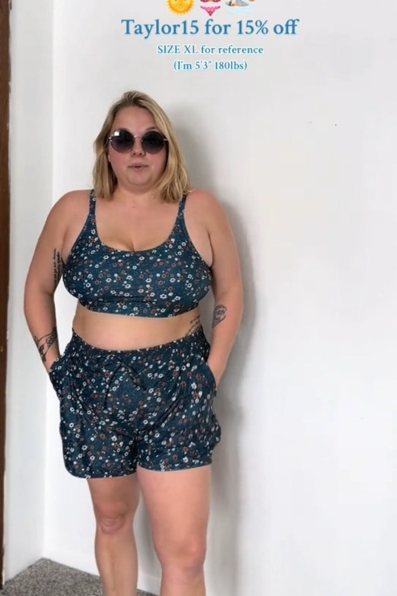 Floral Scoop Neck Stylish Bikini Top with Boy Short Set