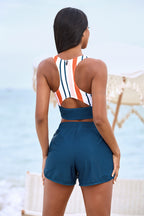 Colorful Striped Zipper Back Stylish Bikini Top with Boy Short Set