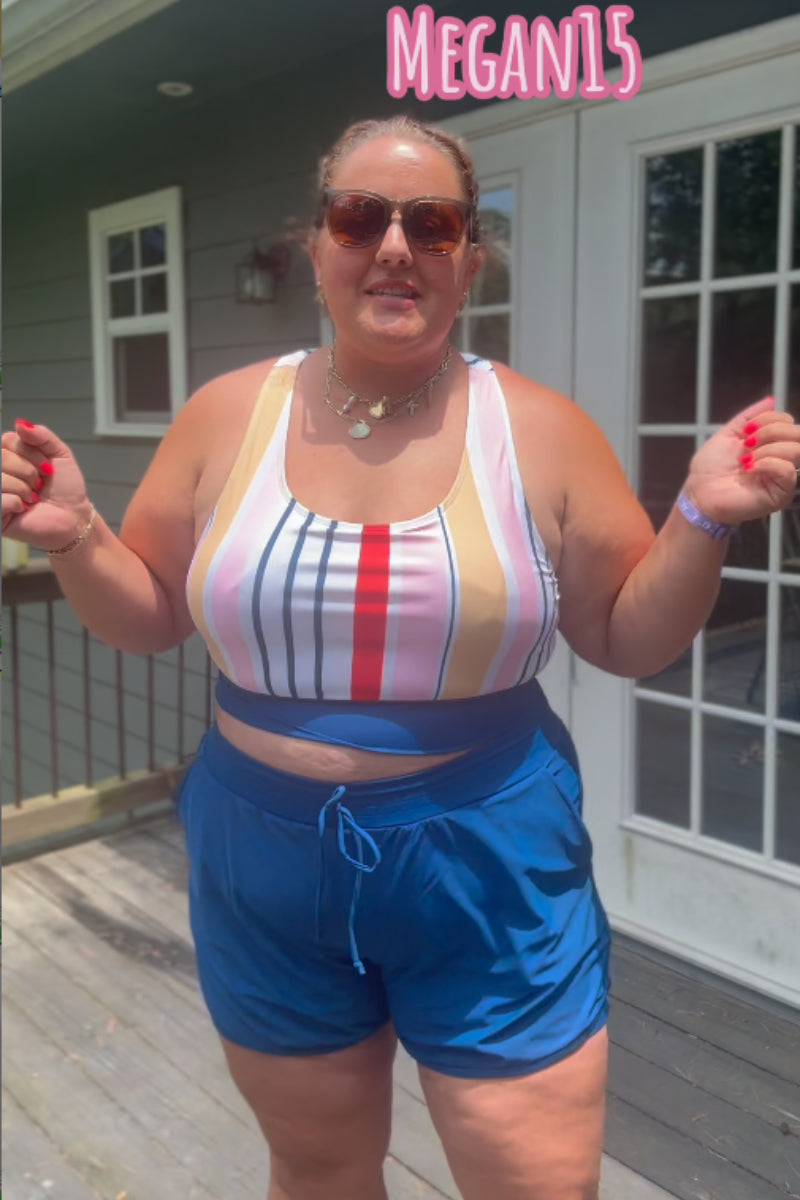 Colorful Striped Zipper Back Stylish Bikini Top with Boy Short Set