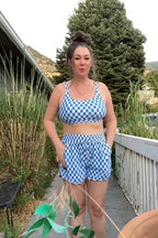 Blue Checked Adjustable Straps Chic Bikini Top with Boy Short Set