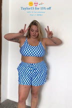 Blue Checked Adjustable Straps Chic Bikini Top with Boy Short Set