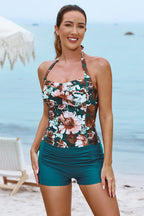 Striped & Floral Halter Straps Stylish One-Piece Swimsuit
