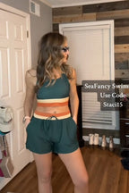 Teal Colorblock Zipper Back Sporty Bikini Top with Boy Short Set