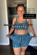 Green Striped Adjustable Straps Chic Bikini Top with Boy Short Set