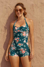 Green Floral Halter Straps Retro One-Piece Swimsuit
