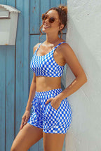 Blue Checked Adjustable Straps Chic Bikini Top with Boy Short Set