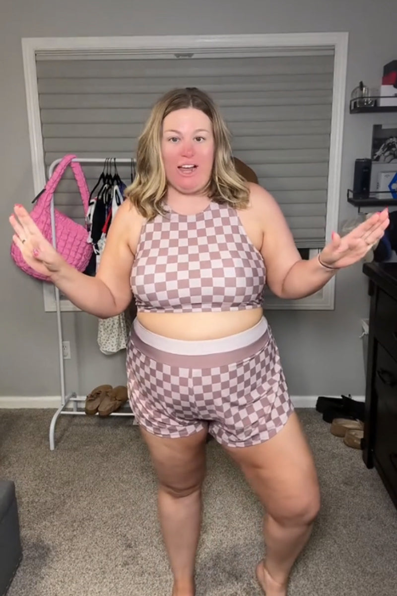 Mauve Checkered High Neck Soft Bikini Top