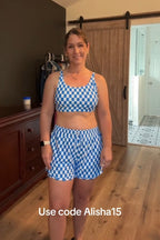 Blue Checked Adjustable Straps Chic Bikini Top with Boy Short Set