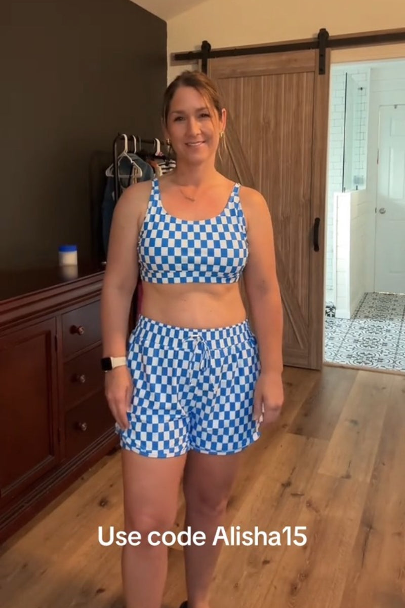 Blue Checked Adjustable Straps Chic Bikini Top with Boy Short Set