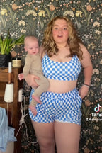 Blue Checked Adjustable Straps Chic Bikini Top with Boy Short Set