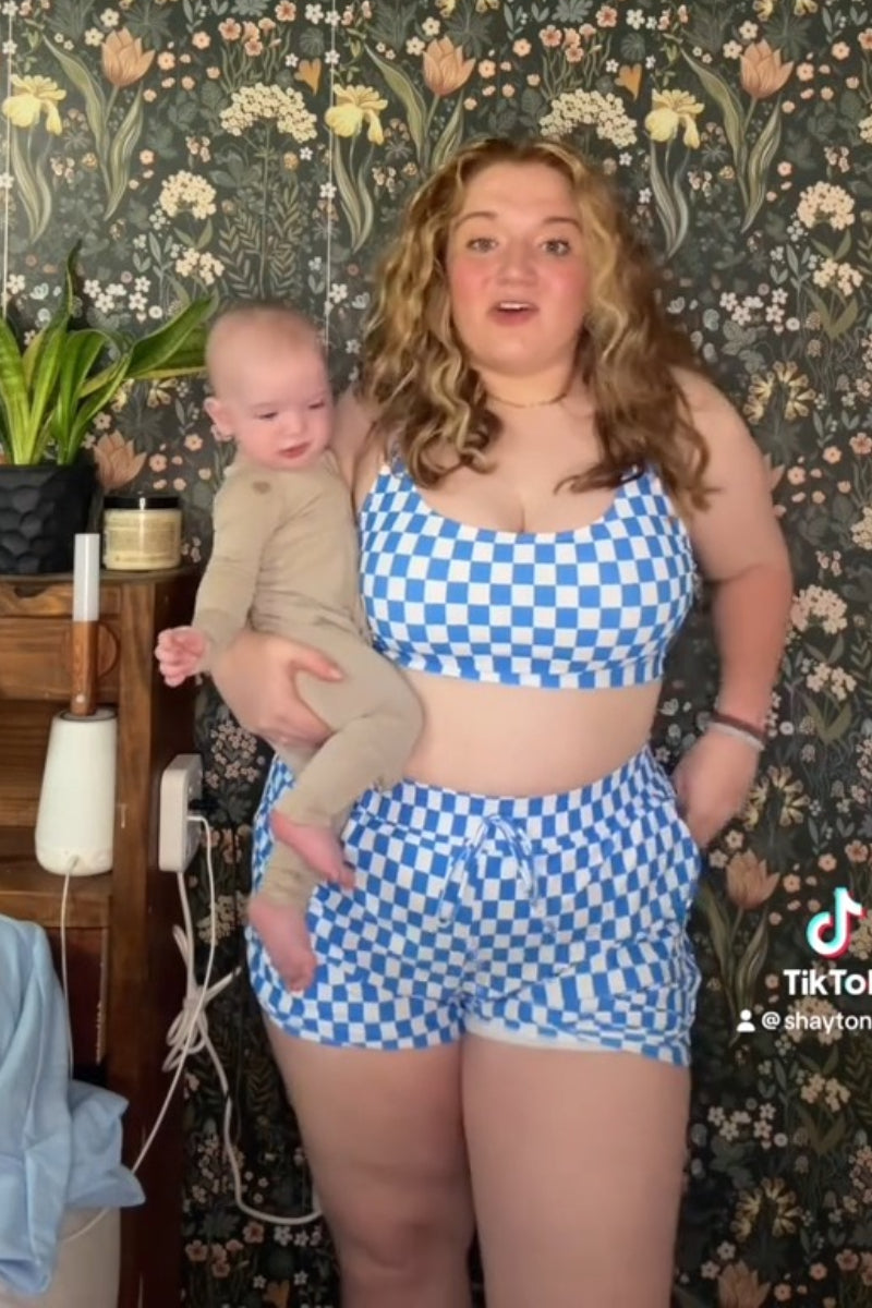 Blue Checked Adjustable Straps Chic Bikini Top with Boy Short Set