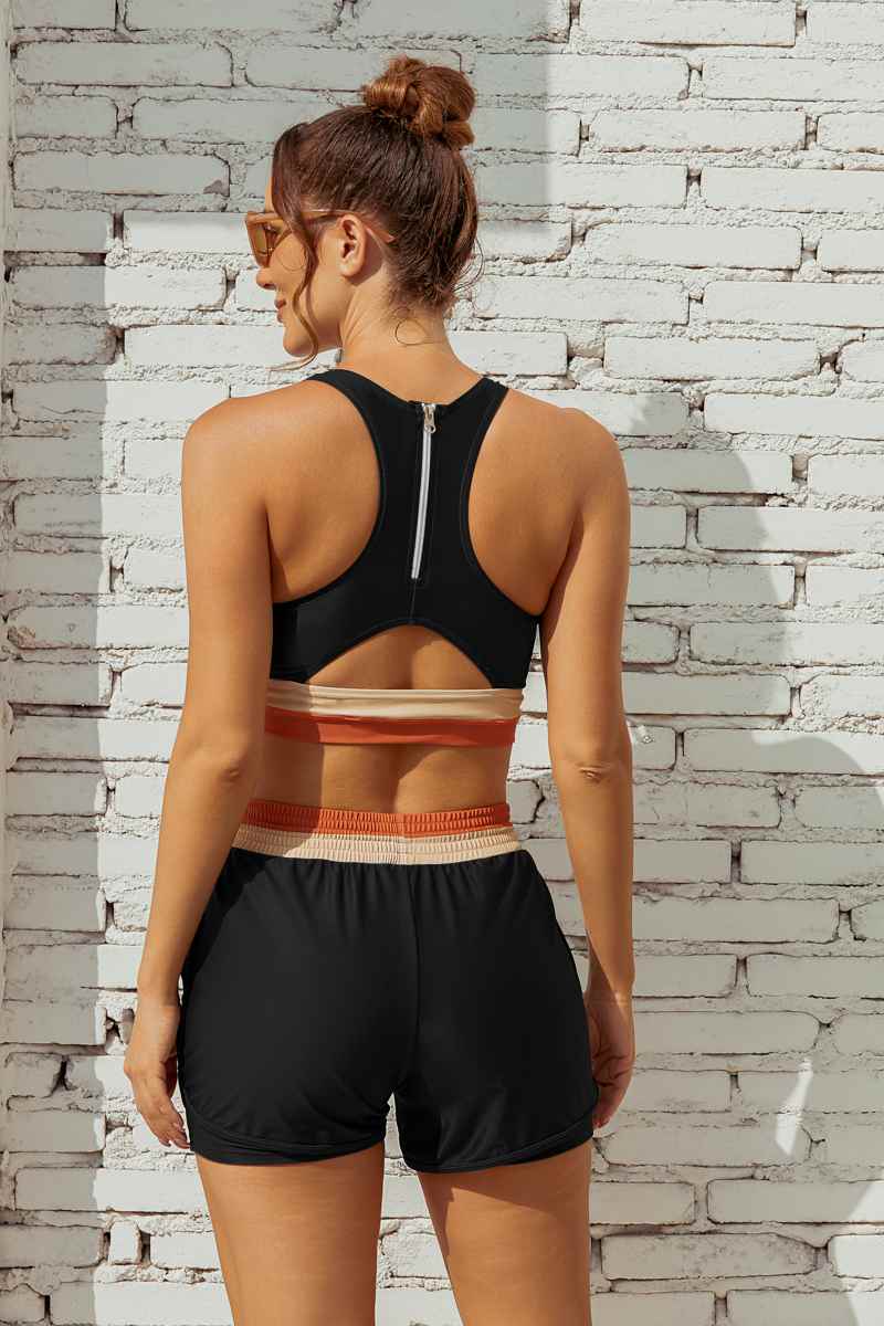 Black Colorblock Zipper Back Sporty Bikini Top with Boy Short Set