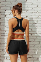 Black Colorblock Zipper Back Sporty Bikini Top with Boy Short Set