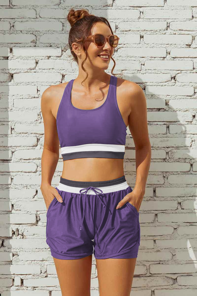 Blue Colorblock Zipper Back Stylish Bikini Top with Boy Short Set