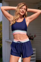 Teal Colorblock Zipper Back Sporty Bikini Top with Boy Short Set
