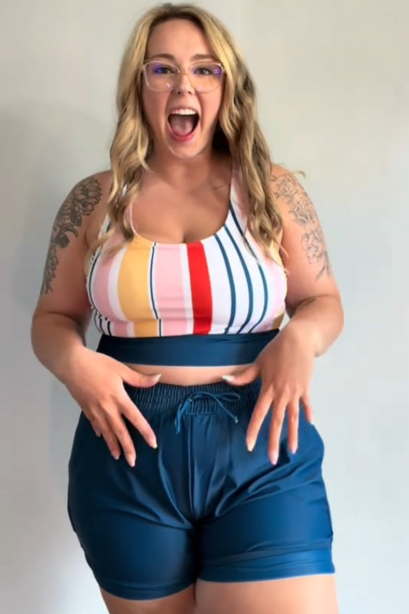Colorful Striped Zipper Back Stylish Bikini Top with Boy Short Set