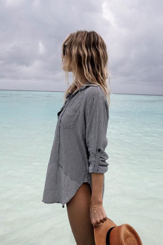 Striped Long-Sleeved Casual Cover Up
