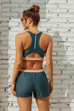 Teal Colorblock Zipper Back Sporty Bikini Top with Boy Short Set