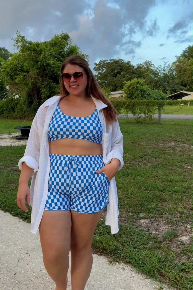 Blue Checked Adjustable Straps Chic Bikini Top with Boy Short Set