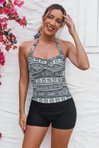 Striped & Floral Halter Straps Stylish One-Piece Swimsuit
