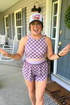 Mauve Checkered High Neck Soft Bikini Top