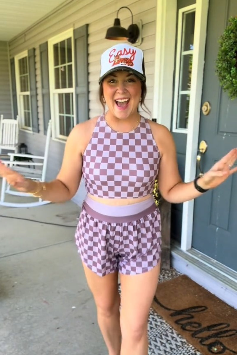 Mauve Checkered High Neck Soft Bikini Top