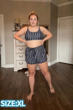 Black Striped Adjustable Straps Timeless Bikini Top with Boy Short Set