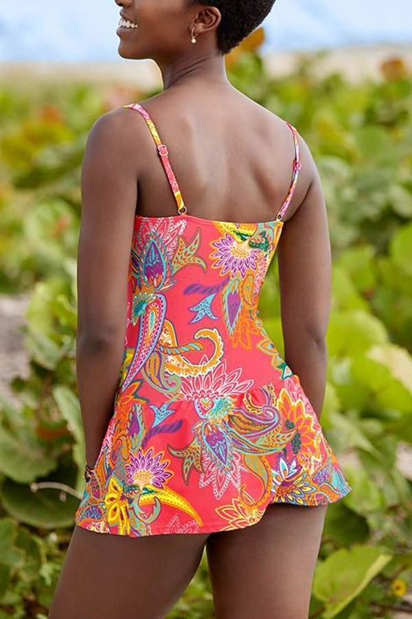 Tropical Floral Print Sweetheart Neck Adjustable Straps One Piece Swim Dress