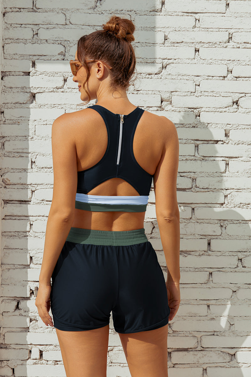 Black Colorblock Racerback Sporty Bikini Top with Boy Short Set