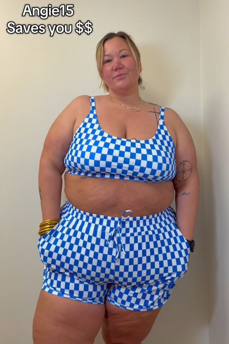 Blue Checked Adjustable Straps Chic Bikini Top with Boy Short Set