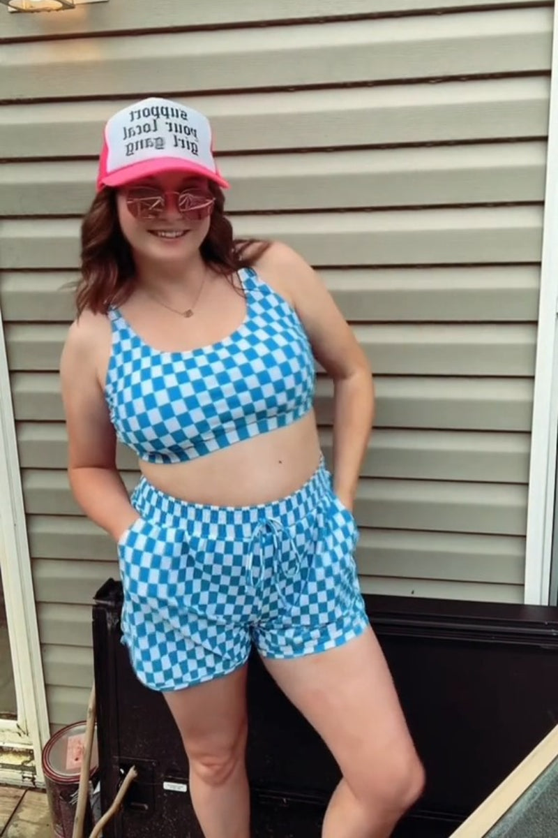 Blue Checked Adjustable Straps Chic Bikini Top with Boy Short Set